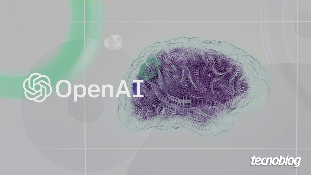 Arte com visual moderno e tecnológico. No centro-esquerdo, está o logotipo da OpenAI com seu símbolo ao lado do texto "OpenAI" em branco. À direita, há uma representação estilizada de um cérebro humano em tons de roxo e verde, com aparência translúcida e linhas que remetem a malhas tridimensionais, sugerindo uma interface entre biologia e tecnologia. O design remete à intersecção entre inteligência artificial, neurociência e inovação digital. No canto inferior direito, está o logotipo do Tecnoblog.