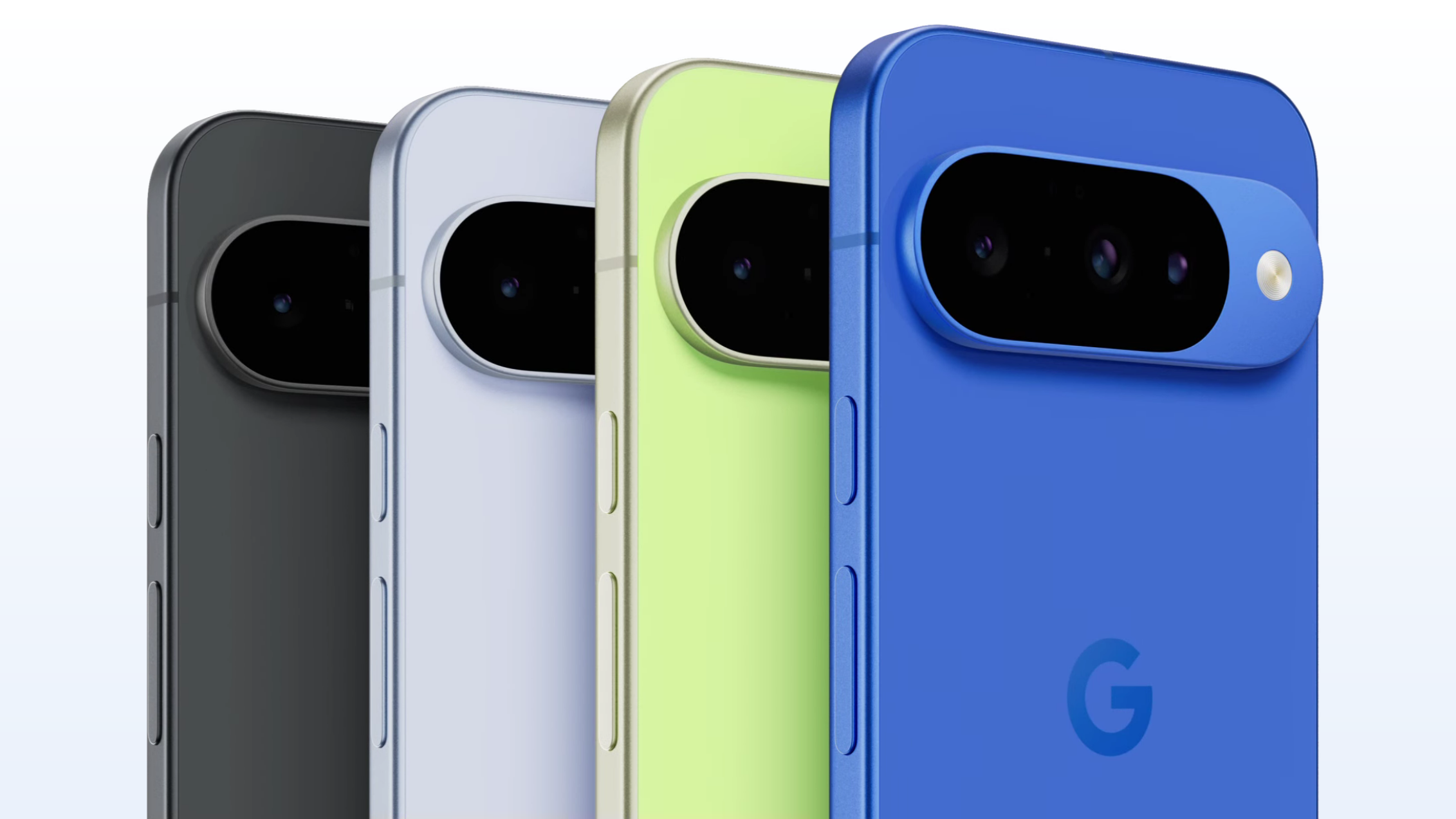 Quatro smartphones Pixel 10 vistos de trás, nas cores preto, branco, verde e roxo