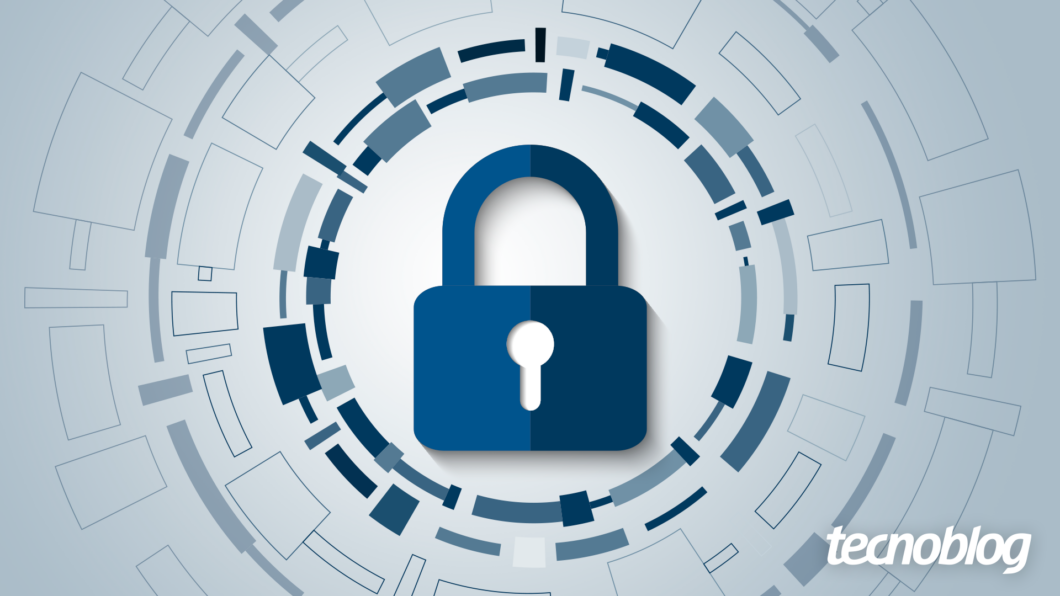 Imagem mostra um cadeado azul fechado, centralizado sobre um fundo abstrato em tons de cinza e azul claro, com formas geométricas que sugerem tecnologia e segurança digital. No canto inferior direito, a marca d'água "Tecnoblog" é visível.