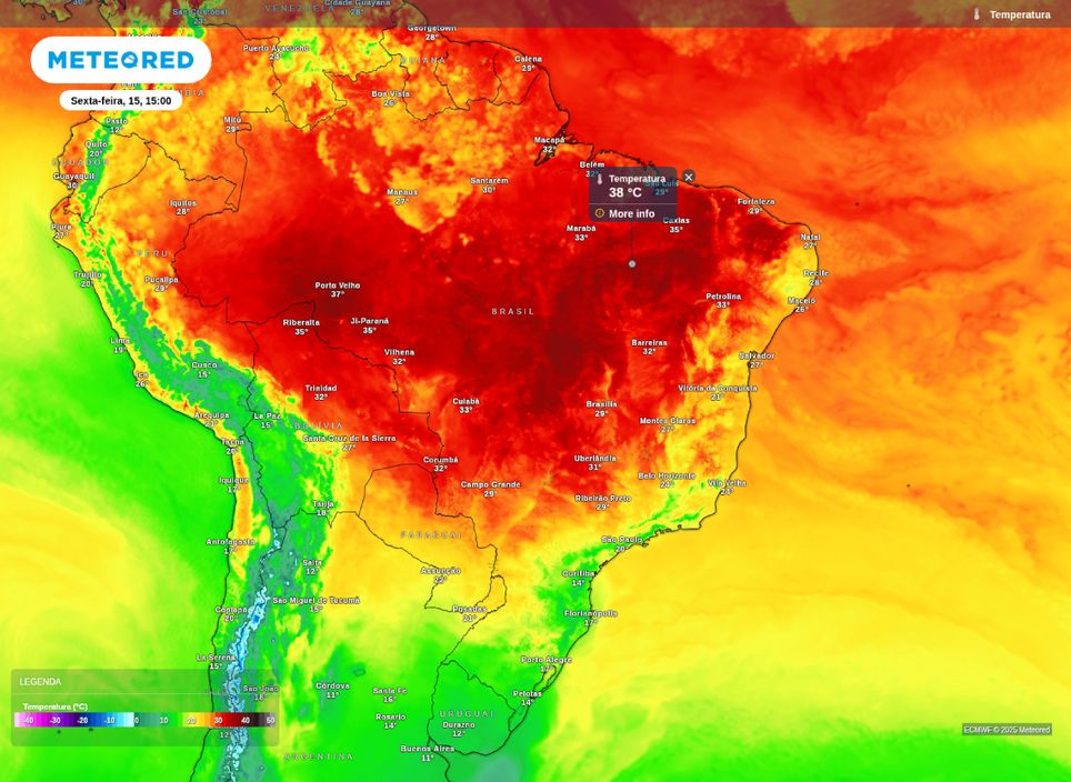Temperatura prevista para a tarde de sexta-feira (15) para o Brasil