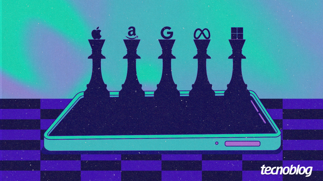 Ilustração sobre big techs mostra peças de Xadrez com o logo das empresas acima