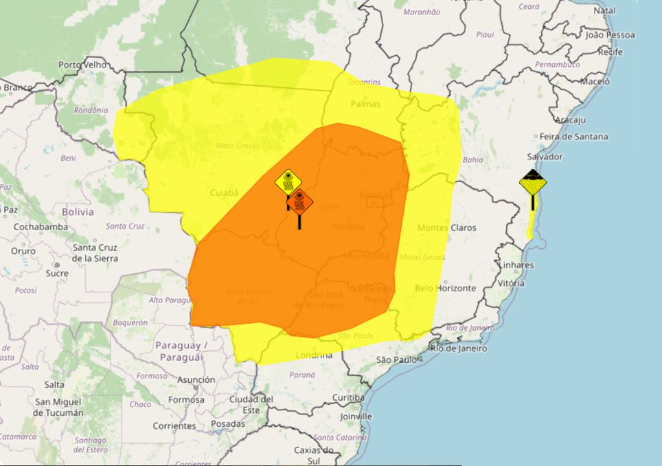 Mapa de avisos emitidos pelo INMET nesta segunda-feira.