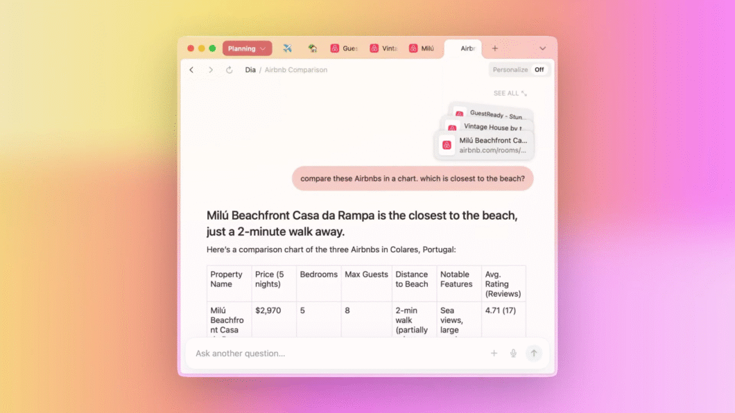 Captura do navegador Dia comparando hospedagens no Airbnb