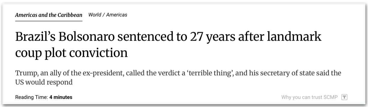 "O ex-presidente do Brasil, Bolsonaro, é condenado a 27 anos de prisão por planejar um golpe"