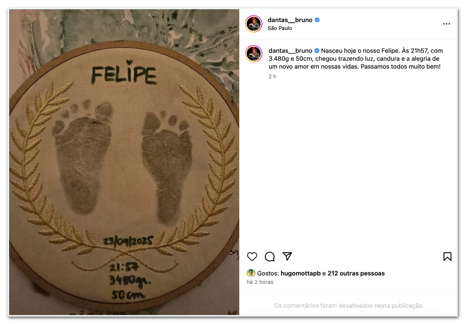 Bruno Dantas celebra nascimento de seu 2º filho