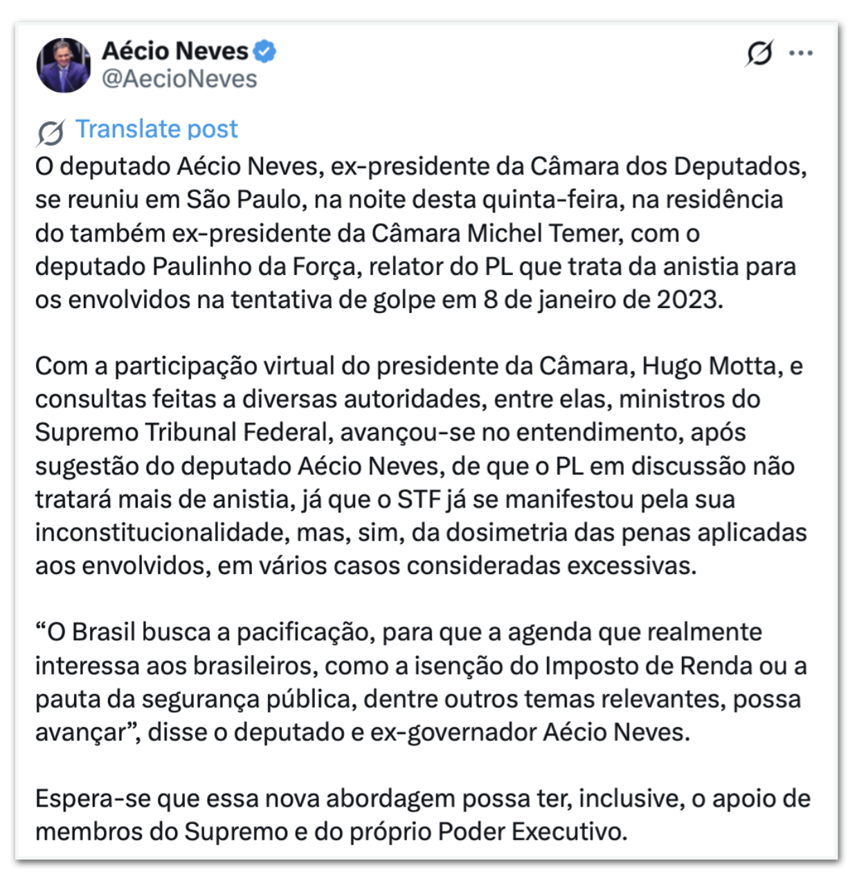 Aécio Neves faz post sobre PL da Dosimetria