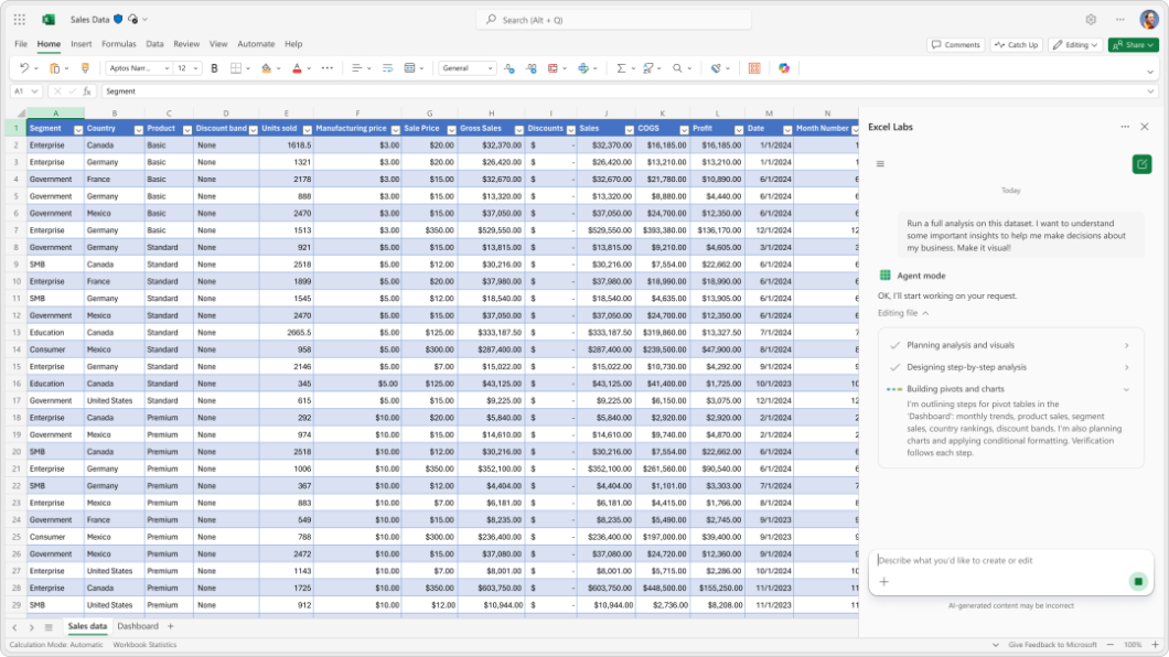 Agent Mode em ação no Excel.
