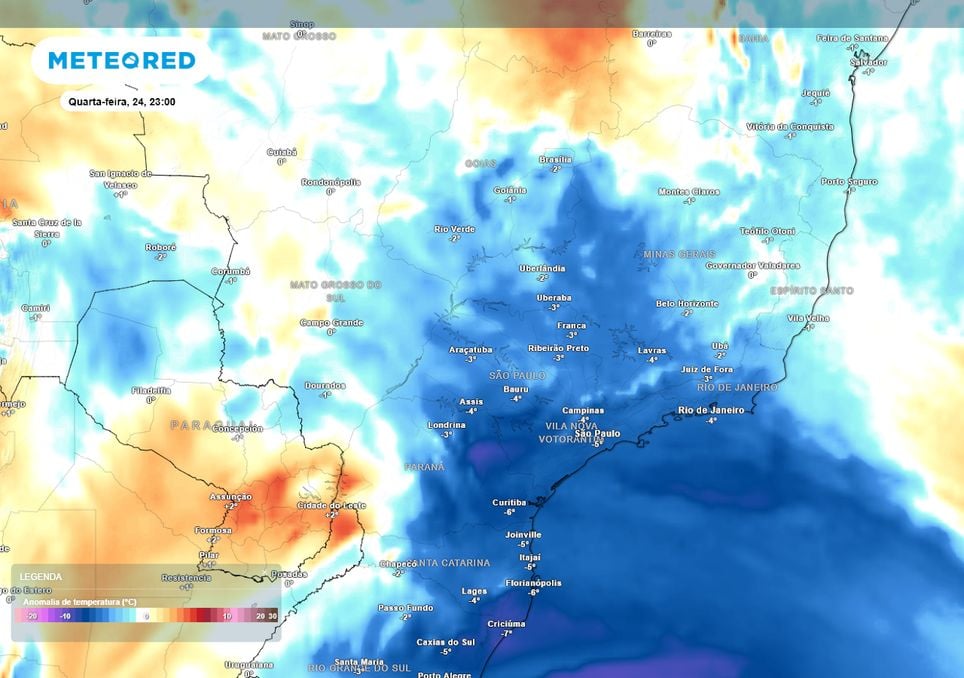 Previsão de anomalias de temperatura em 850 hPa no final da quarta-feira. Previsão de anomalias de temperatura em 850 hPa no final da quarta-feira.