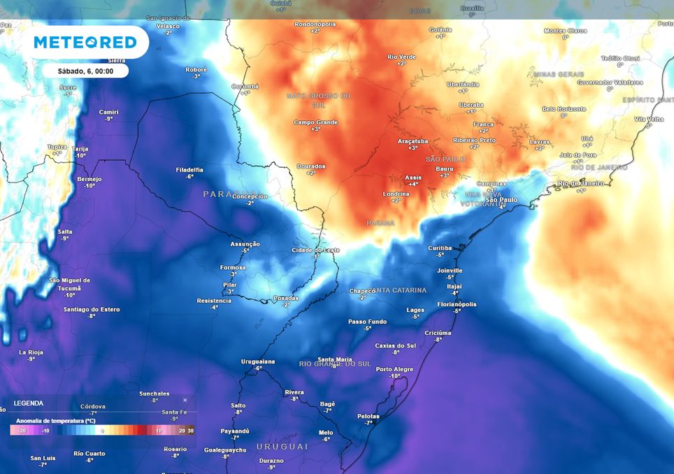 Previsão de anomalias de temperatura no final da sexta-feira.