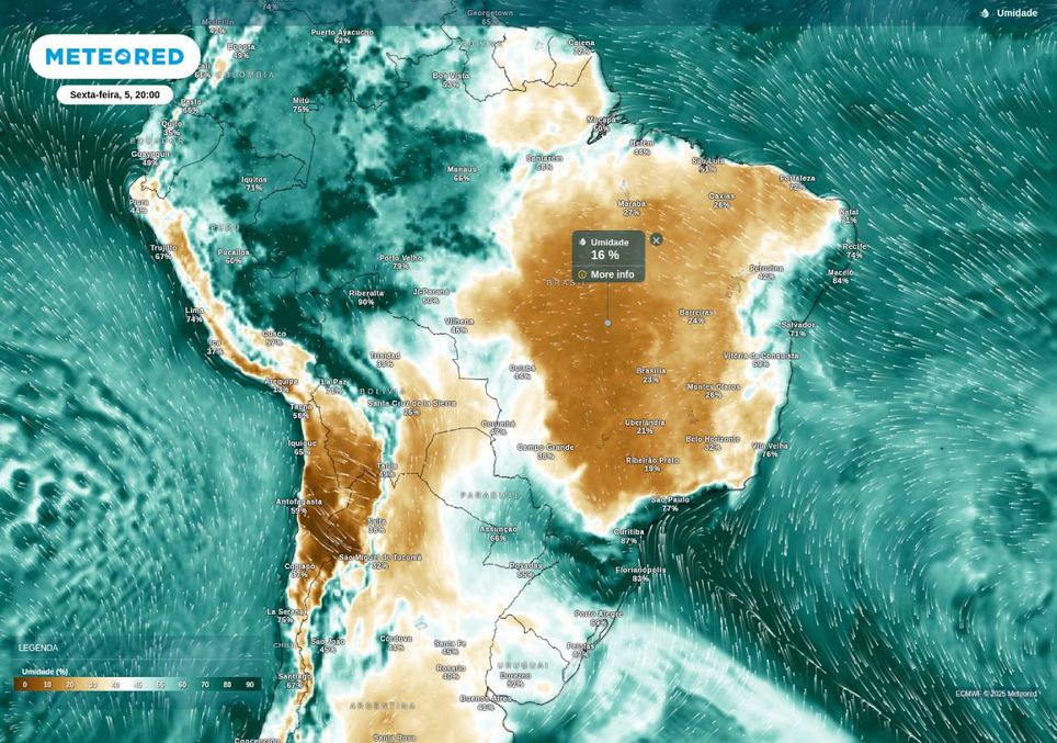 Previsão de umidade relativa do ar nesta sexta-feira (5), de acordo com o ECMWF. Previsão de umidade relativa do ar nesta sexta-feira (5), de acordo com o ECMWF.
