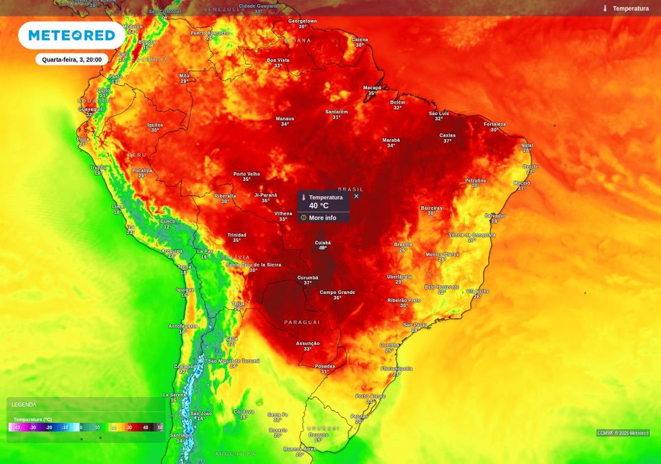 Previsão de temperatura máxima nesta quarta-feira (3), de acordo com o ECMWF. O horário corresponde às 15h, no horário de Brasília. Previsão de temperatura máxima nesta quarta-feira (3), de acordo com o ECMWF. O horário corresponde às 15h, no horário de Brasília.