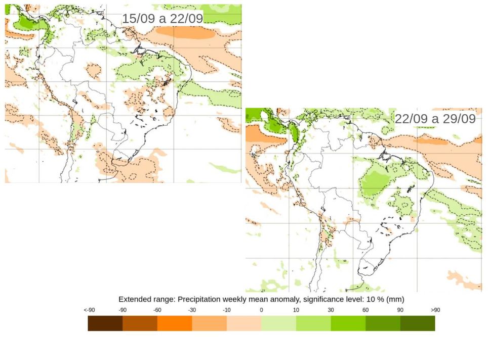 Previsão de anomalia semanal de precipitação, de acordo com o modelo ECMWF. Créditos: ECMWF. Previsão de anomalia semanal de precipitação, de acordo com o modelo ECMWF. Créditos: ECMWF.