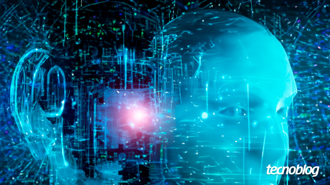Arte mostra uma cabeça robótica, em referência à inteligência artificial. Na parte inferior direita, o logotipo do "tecnoblog" é visível.