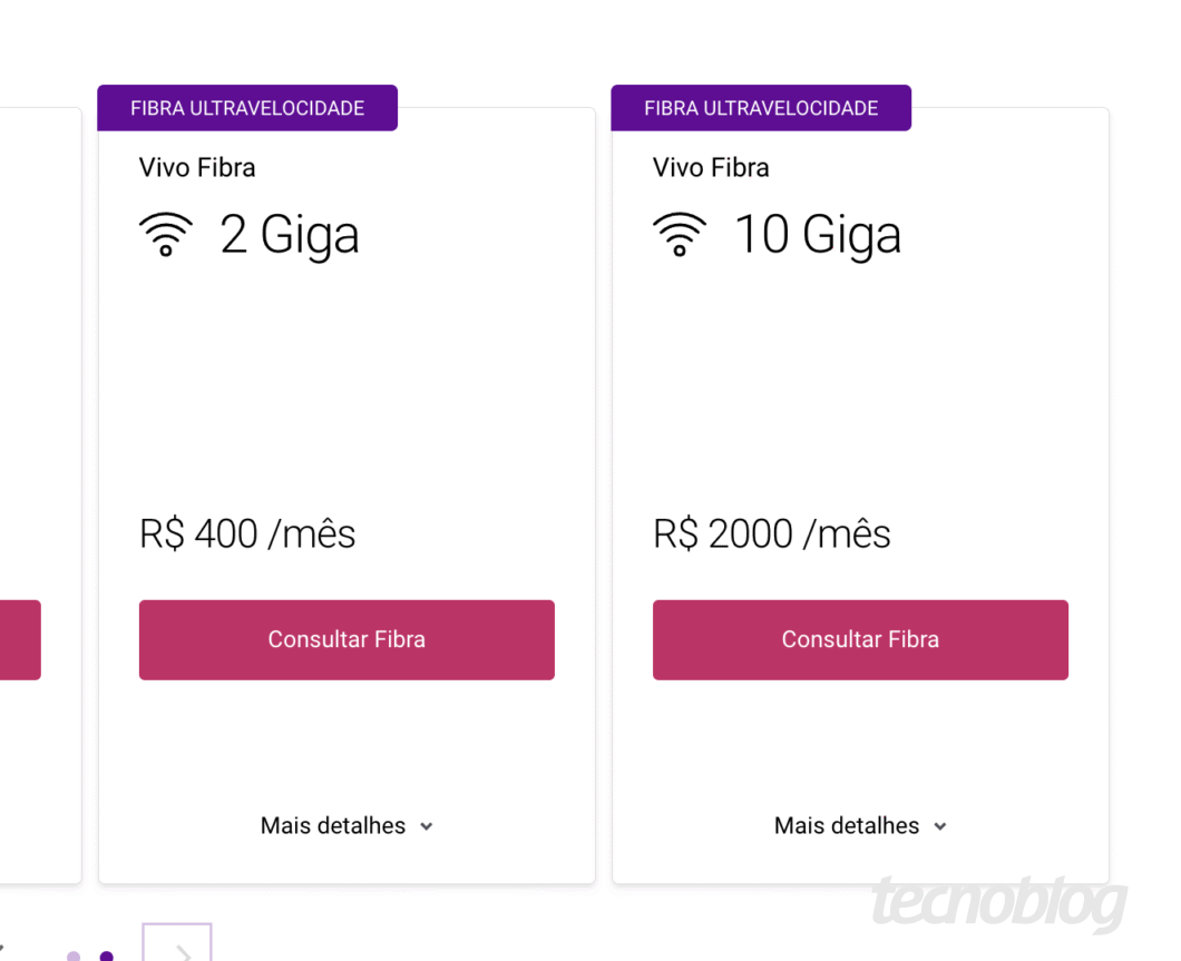 Captura de tela mostra a página de planos de internet da Vivo. Há dois blocos brancos, cada um com um plano. O primeiro, à esquerda, oferece "Vivo Fibra 2 Giga" por "R$ 400 /mês". O segundo, à direita, oferece "Vivo Fibra 10 Giga" por "R$ 2000 /mês". O logo "tecnoblog" está no canto inferior direito.