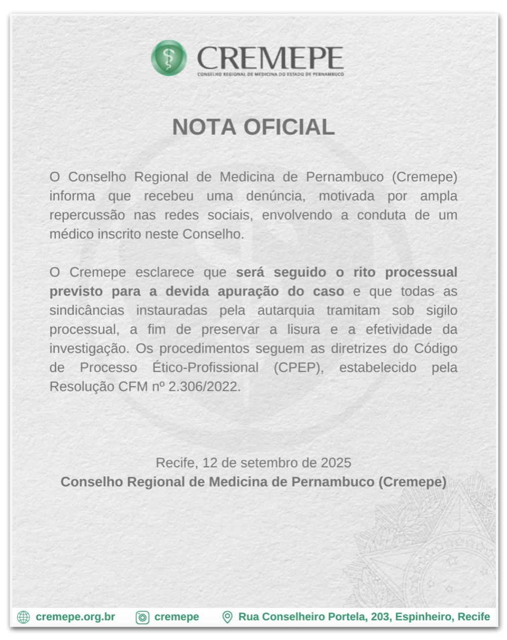 Nota oficial Cremepe sobre neurocirurgião que comemorou morte de Kirk