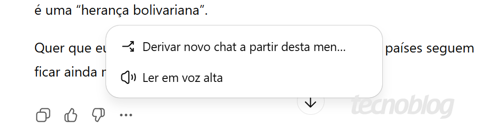 Captura de tela da função de derivar uma nova conversa a partir de uma mensagem no ChatGPT