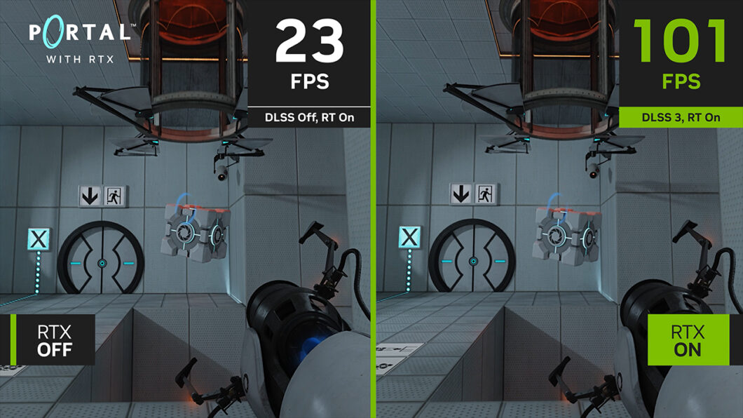 Imagem comparativa do jogo Portal com DLSS