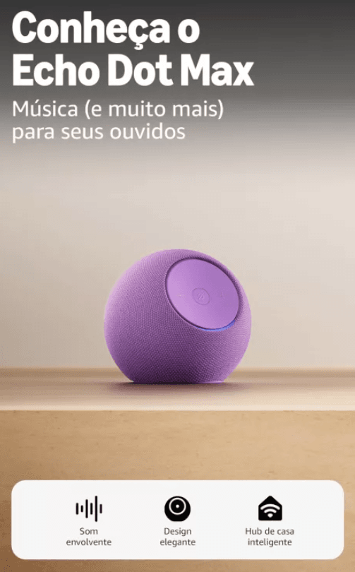 Propaganda do dispositivo da Amazon Echo Dot Max na cor roxa