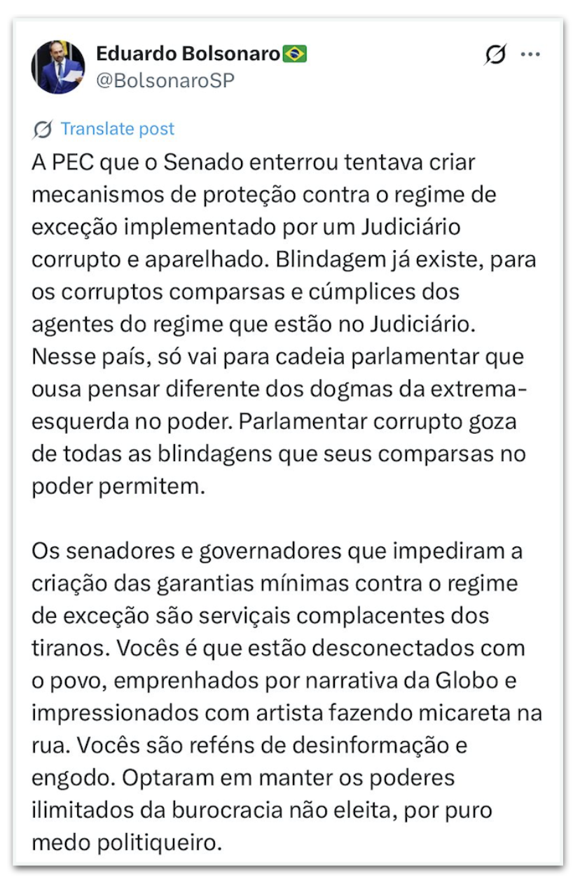 Eduardo Bolsonaro critica rejeição dos senadores da PEC da Blindagem