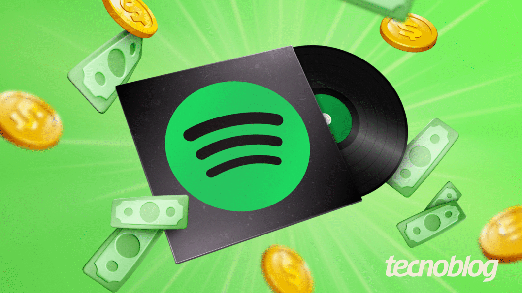 Logotipo do Spotify com notas de dinheiro voando ao redor