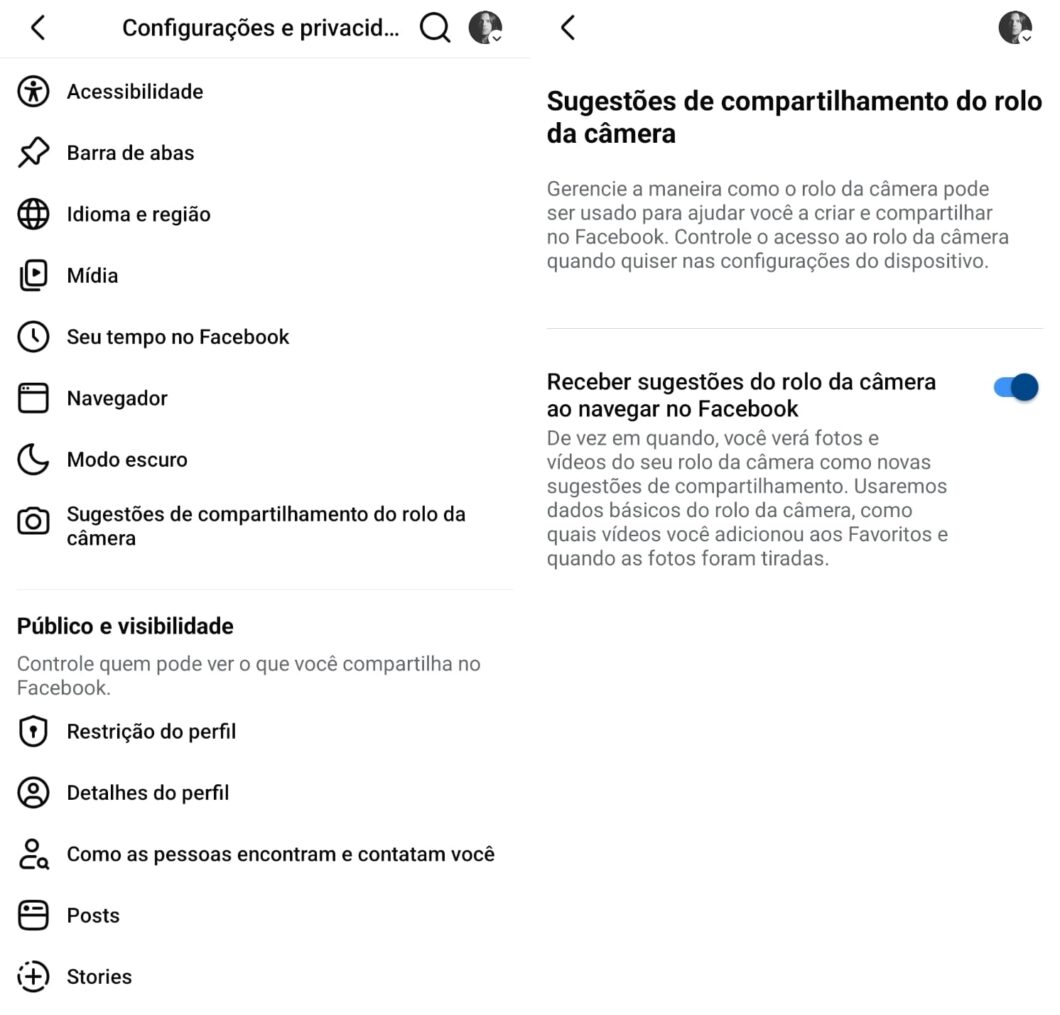 Montagem de duas capturas de tela do aplicativo do Facebook em português. À esquerda, o menu de configurações aponta para a opção "Sugestões de compartilhamento do rolo da câmera". À direita, a tela de detalhes da função mostra o interruptor para "Receber sugestões do rolo da câmera" ativado, na cor azul.