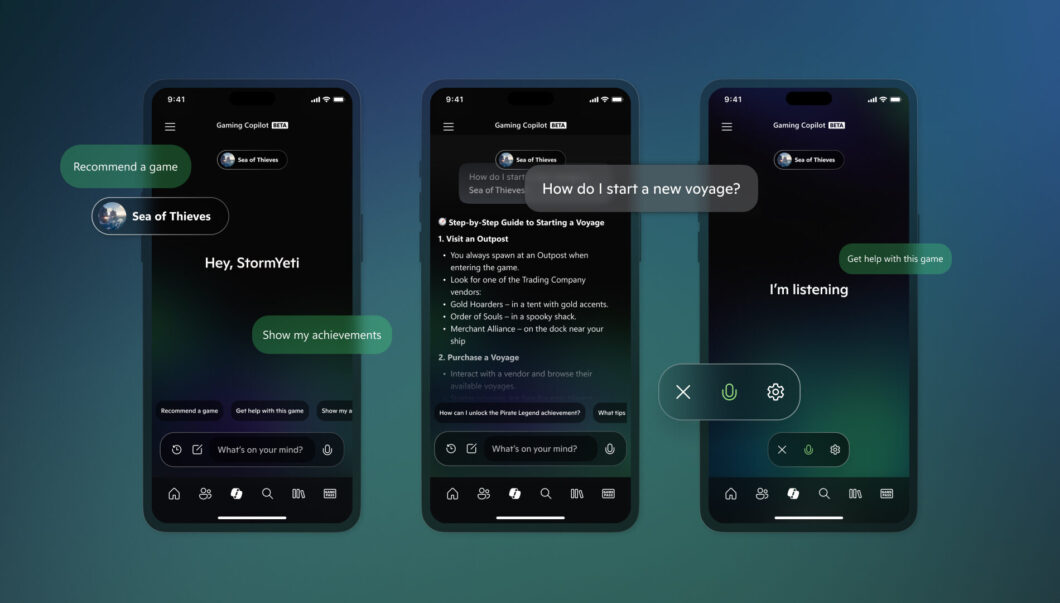 A imagem mostra o "Gaming Copilot" em ação, ajudando o jogador com Sea of Thieves através de comandos de voz no smartphone. O assistente oferece opções como recomendar um jogo, mostrar conquistas ou fornecer orientações, como um passo a passo para começar uma nova jornada no jogo. Ele está disponível para responder perguntas e fornecer dicas sobre o jogo de forma interativa.