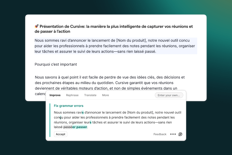 Uma tela mostra um editor de texto com sugestões automáticas de correção gramatical em francês. O software identifica erros de concordância e ortografia, destacando-os em verde e oferecendo a forma correta. A interface sugere opções como melhorar, reformular ou traduzir o texto, exemplificando como a ferramenta auxilia na escrita e revisão.