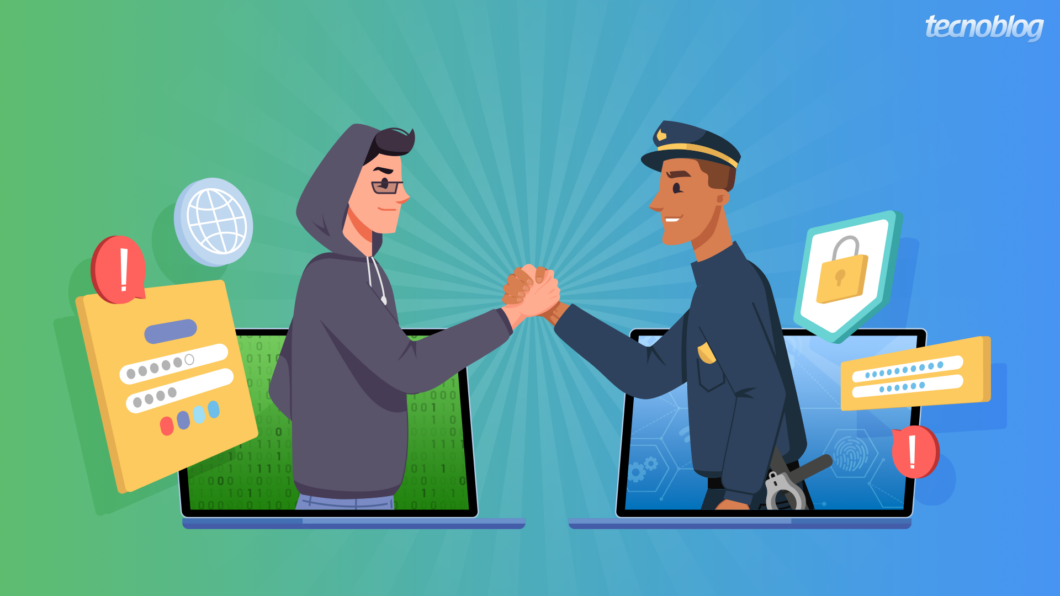 Ilustração mostra um hacker e um policial apertando as mãos. O fundo da imagem é verde e azul. Na parte superior direita, está o logotipo do "tecnoblog".