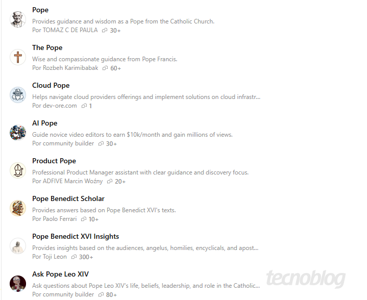 captura de tela dos GPTs do ChatGPT com várias versões inspiradas em Papas