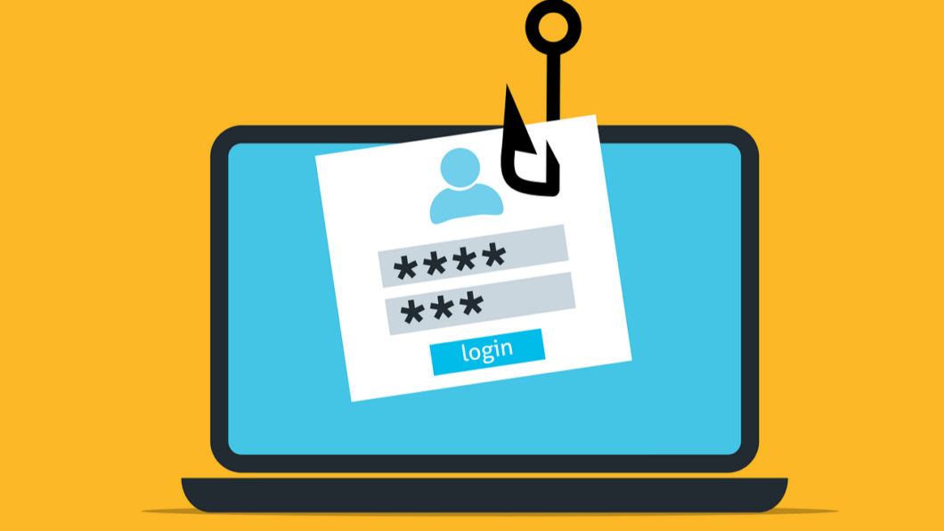 Uma ilustração que representa um ataque de phishing. No centro, um notebook exibe em sua tela um formulário de login falso flutuando, com um botão "LOGIN". Este formulário está pendurado por um anzol, como em uma pescaria. 