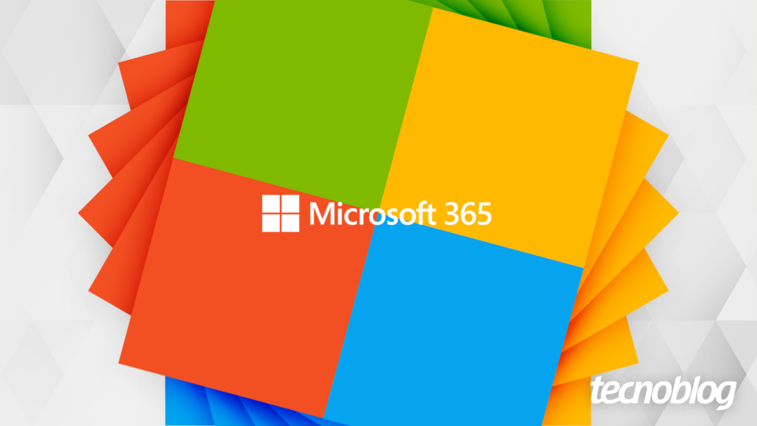 Arte com o logotipo do Microsoft 365 ao centro. Ao fundo, um quadrado composto por quatro quadrados menores, de cores verde, amarelo, laranja e azul. Na parte inferior direita, está o logotipo do Tecnoblog.