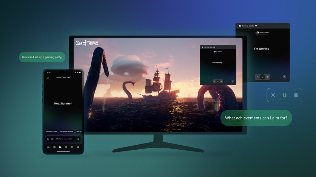 A imagem mostra um assistente digital de jogos, chamado "Gaming Copilot", ajudando o jogador em *Sea of Thieves*. O assistente oferece comandos por voz, como configurar uma festa de jogos ou sugerir conquistas, tornando a experiência mais acessível e interativa.