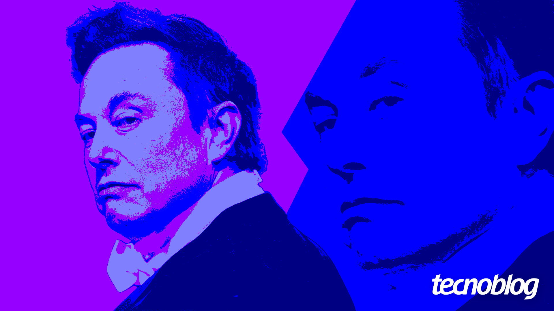 Ilustração estilizada com cores vibrantes em tons de roxo, azul e rosa, mostrando dois retratos de Elon Musk em posições diferentes. Um rosto está em destaque à esquerda, encarando o espectador com uma expressão séria. À direita, há uma segunda versão do rosto, mais escura e voltada para a esquerda, formando uma composição espelhada. No canto inferior direito, está o logotipo do "tecnoblog" em branco.