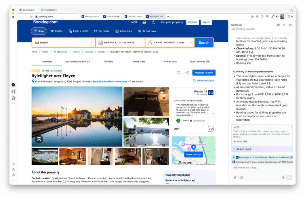 Tela do navegador mostra o site Booking.com com a página do apartamento “Byleilighet nær Fløyen”, em Bergen, Noruega. Há fotos do imóvel, mapa da cidade e nota de avaliação “9.2 Wonderful”. À direita, uma janela do recurso “Neon Do” exibe um resumo com pontos importantes, como preços, localização central e comodidades, além de confirmar que a tarefa de busca foi concluída.