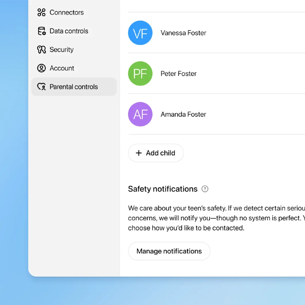 Captura de tela das configurações de Controle dos Pais no ChatGPT
