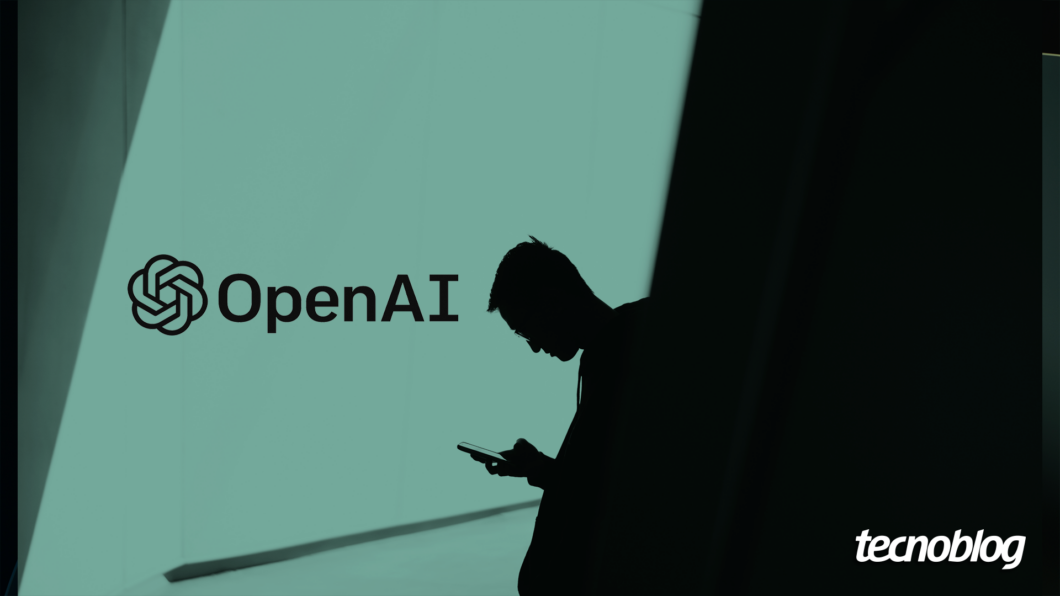 Arte com o logotipo da OpenAI. À direita, há a imagem da sombra de uma pessoa mexendo em um celular. Na parte inferior direita, está o logotipo do Tecnoblog.
