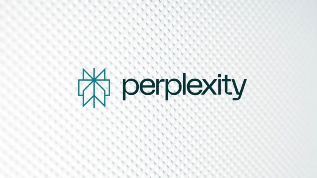 Imagem mostra o logo e o nome "perplexity" exibidos em azul esverdeado escuro sobre um fundo branco sutilmente texturizado com um padrão de pequenos losangos em cinza claro.