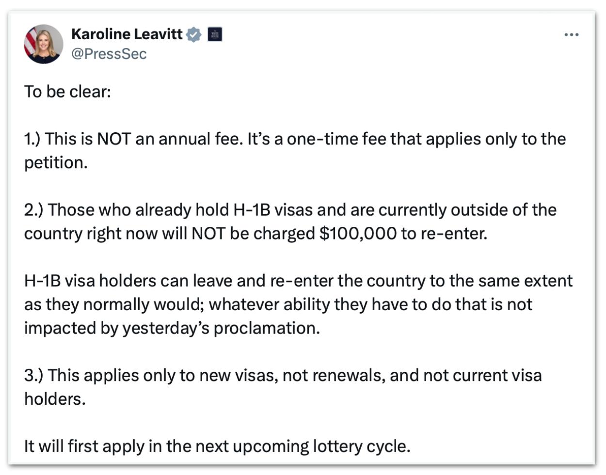 A porta-voz da Casa Branca, Karoline Leavitt, em uma publicação na rede social X no sábado (20.set)