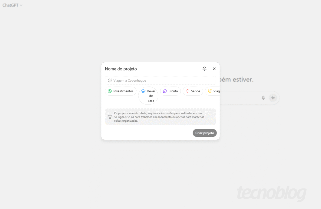 Captura de tela da criação de um novo projeto no ChatGPT