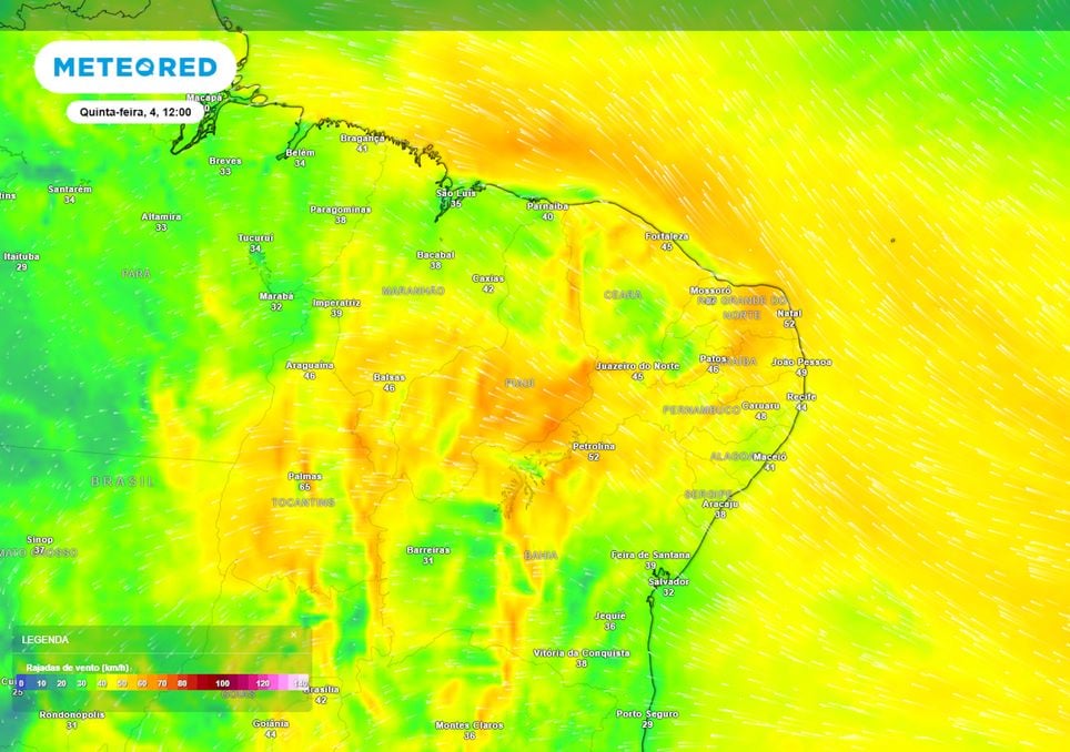 Previsão de rajadas de vento na quinta-feira ao meio-dia.