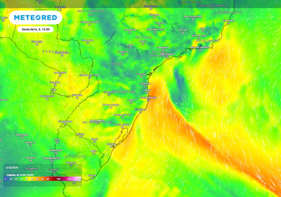 Previsão de rajadas de vento na sexta-feira ao meio-dia.