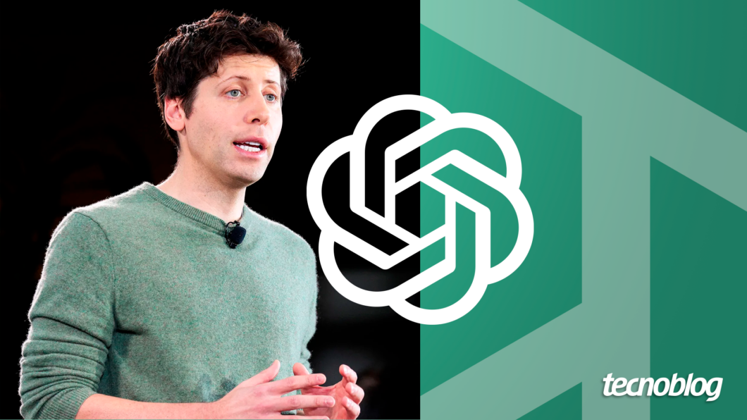 A imagem é uma composição gráfica com dois elementos principais: à esquerda, o CEO da OpenAI, Sam Altman, um homem de cabelo castanho escuro e pele clara, vestindo um suéter verde e falando enquanto gesticula, usando um microfone de lapela. À direita, o logotipo da OpenAI em destaque central, sobre um fundo com tons de verde e formas geométricas. No canto inferior direito, aparece o logotipo do "tecnoblog" em branco.