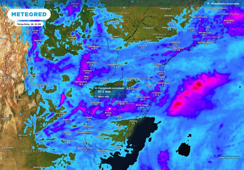Previsão de chuva acumulada até a noite de terça-feira (16), de acordo com o ECMWF.