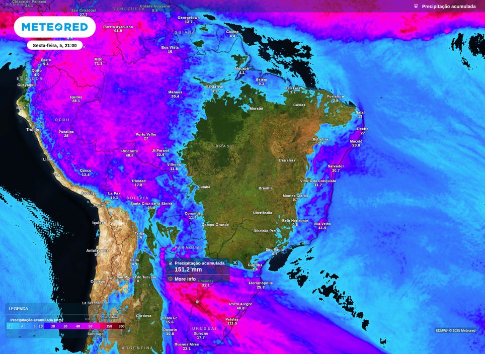 Precipitação acumulada prevista até sexta-feira (5).