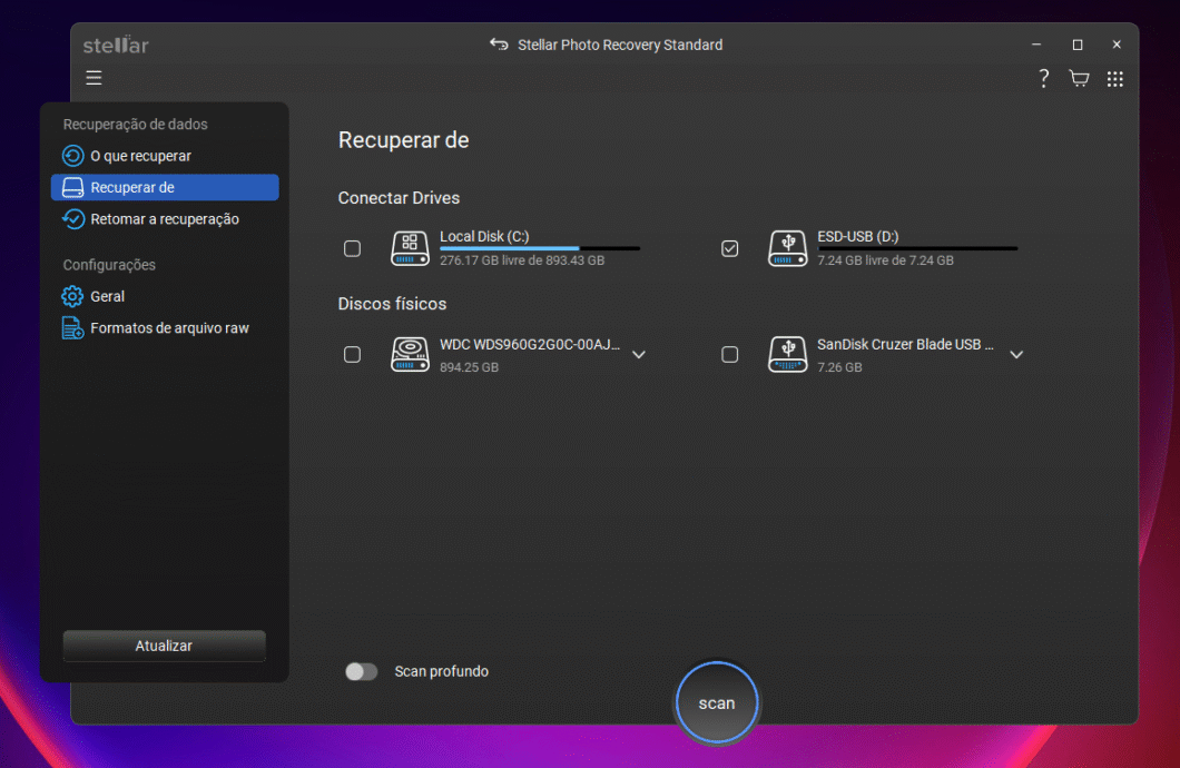 Captura de tela do Stellar Photo Recovery na seção "Recuperar de", onde se escolhe qual dispositivo para recuperar as mídias