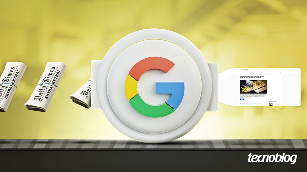 Ilustração em 3D mostra o logo branco e arredondado do Google em formato de "G" no centro de uma esteira transportadora. À esquerda, jornais enrolados com a manchete "Daily Times" e "EXTRA! EXTRA!" entram na esteira. À direita, sai uma janela de navegador com uma matéria do Google "Discovery". No canto inferior direito, o logo do "tecnoblog".