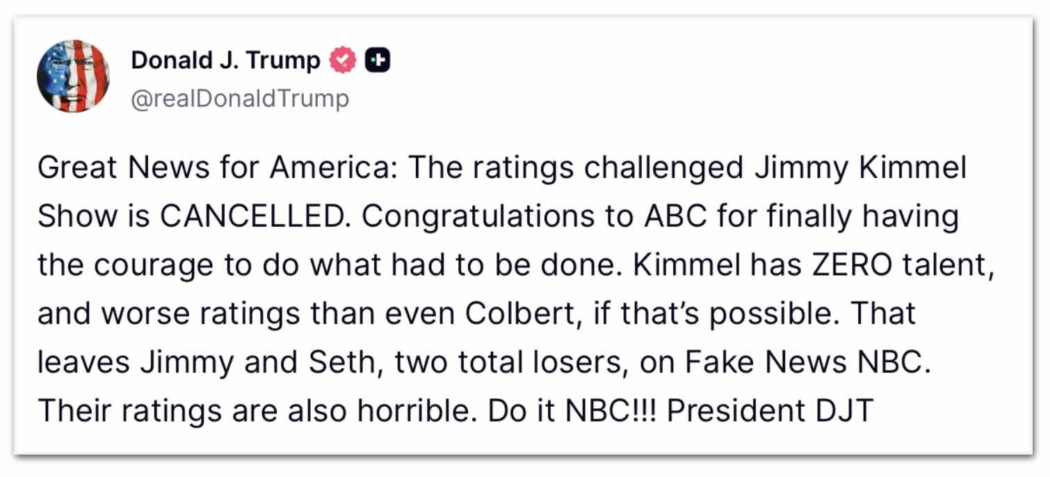 Trump comemora suspensão do programa de Jimmy Kimmel