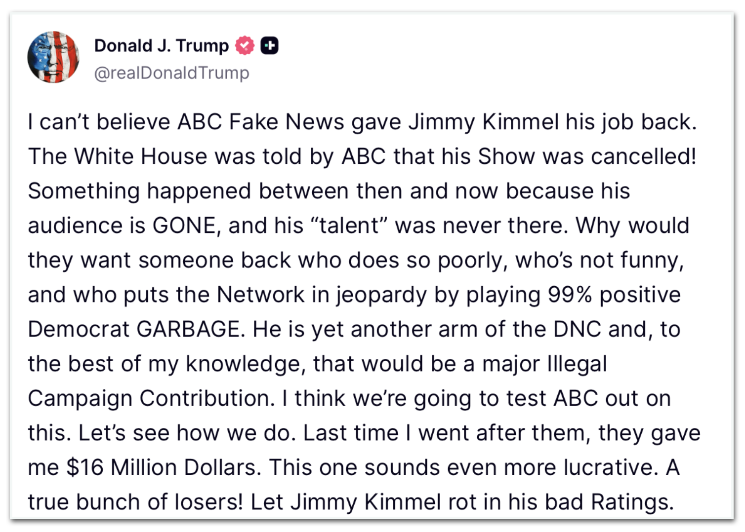 Trump faz críticas sobre retorno do programa de Jimmy Kimmel na "ABC"