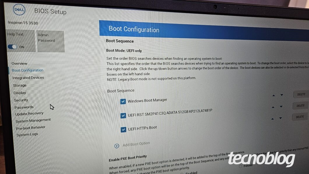 Tela de configuração do UEFI em um notebook Dell (Imagem: Victor Toledo/Tecnoblog)