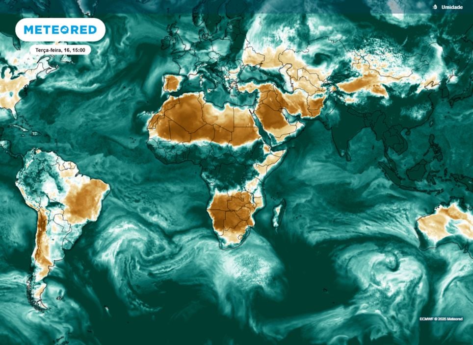 Umidade relativa do ar prevista para o mundo na tarde desta terça-feira (16). Umidade relativa do ar prevista para o mundo na tarde desta terça-feira (16).